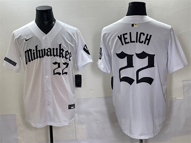 Men's Milwaukee Brewers #22 Christian Yelich White 'Gothic 414 Shadows Edition' Vapor Premier Limited Stitched Jersey